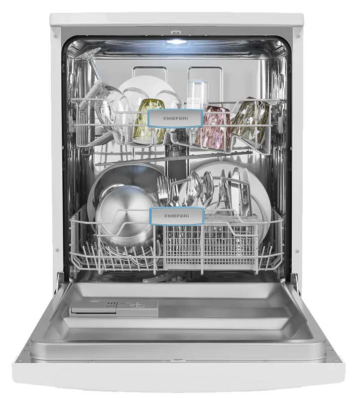 Посудомоечная машина узкая отдельностоящая MEFERI MDW6062WH FS LIGHT, 60 см, напольная, 12 комплектов посуды, 6 программ, 2 корзины, половинная загрузка, отсрочка, защита от протечек, внутренняя подсветка - изображение posudomoechnaya_mashina_otdelnostoyashchaya_mdw6062wh_fs_light  