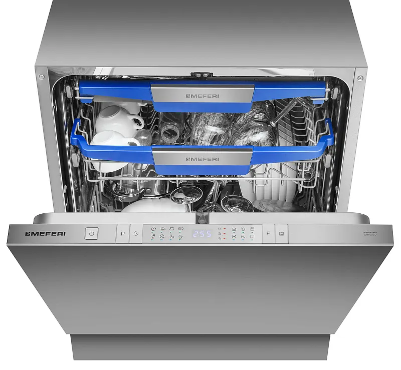Посудомоечная машина встраиваемая с инвертором MEFERI MDW6083 COMFORT PLUS, 60 см, 14 комплектов посуды, с автооткрыванием, с аквастопом, луч на полу, внутренняя подсветка, половинная загрузка, отсрочка