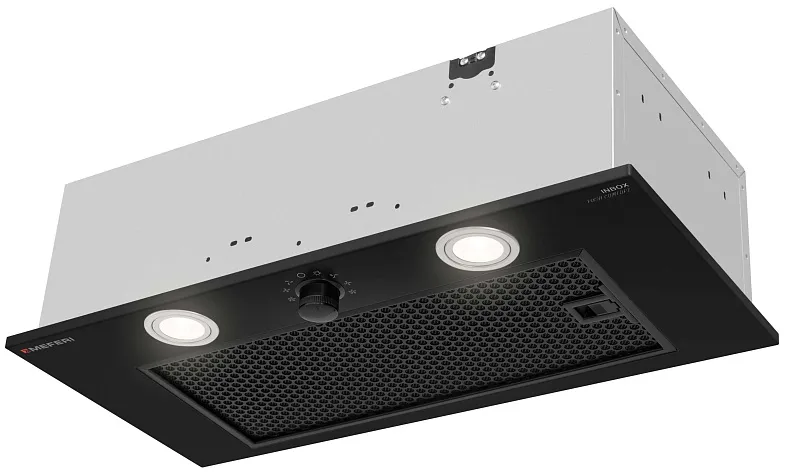 Вытяжка кухонная MEFERI INBOX60BK PUSH COMFORT, 60 см, встраиваемая, черная, производительность 950 м3/ч, 3 скорости, с утапливаемым переключателем, низкий уровень шума, режимы отвод и рециркуляция, гарантия 3 года