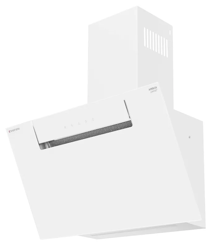 Вытяжка кухонная MEFERI AIRBOX60WH COMFORT, 60 см, наклонная, белая, стекло, производительность 950 м3/ч, 3 скорости, низкий уровень шума, режимы отвод и рециркуляция, гарантия 3 года