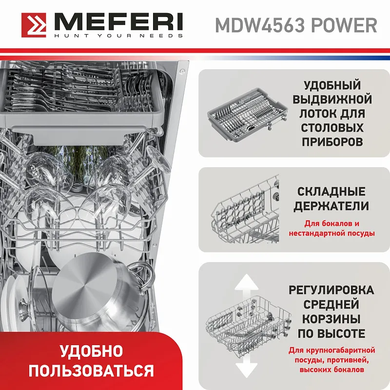 Посудомоечная машина узкая встраиваемая MEFERI MDW4563 POWER, 45 см, 10 комплектов посуды, 6 программ, защита от протечек, половинная загрузка, отсрочка, таймер