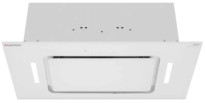 Вытяжка кухонная MEFERI INBOX60WH GLASS COMFORT, 60 см, встраиваемая, белая, стекло, производительность 950 м3/ч, 3 скорости, низкий уровень шума, режимы отвод и рециркуляция, пульт дистанционного управления, гарантия 3 года