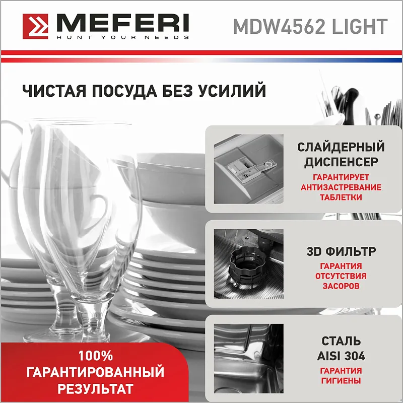 Посудомоечная машина узкая встраиваемая MEFERI MDW4562 LIGHT, 45 см, 9 комплектов посуды, 6 программ, 2 корзины, половинная загрузка, отсрочка, таймер, защита от протечек