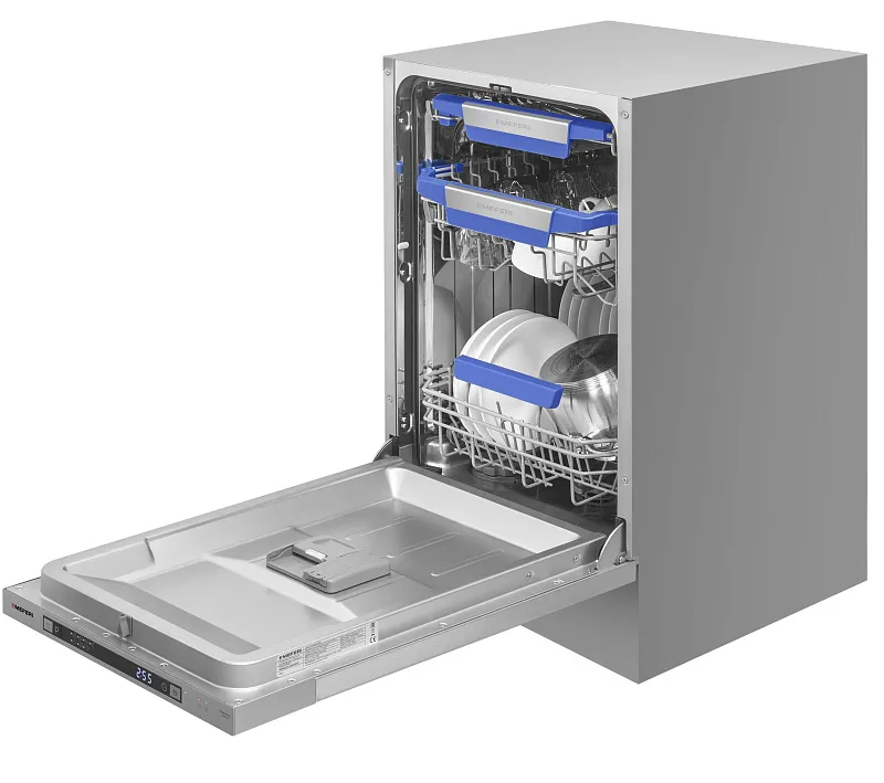 Посудомоечная машина узкая встраиваемая MEFERI MDW4573 COMFORT, 45 см, 10 комплектов посуды, с автооткрыванием, с аквастопом, луч на полу, внутренняя подсветка,отсрочка, таймер