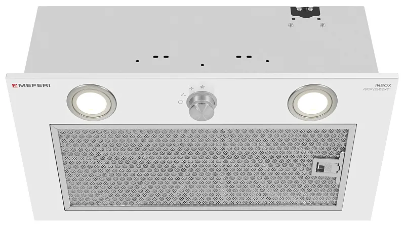 Вытяжка кухонная MEFERI INBOX52WH PUSH COMFORT, 52 см, встраиваемая, белая, производительность 950 м3/ч, 3 скорости, с утапливаемым переключателем, низкий уровень шума, режимы отвод и рециркуляция, гарантия 3 года