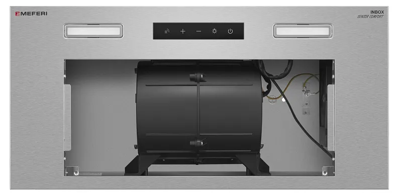 Вытяжка кухонная MEFERI INBOX60IX SENSOR COMFORT на 60 см встраиваемая, серая, производительность 950 м3/ч, 3 скорости, низкий уровень шума, режимы отвод и рециркуляция, сенсорное управление, пульт дистанционного управления, гарантия 3 года