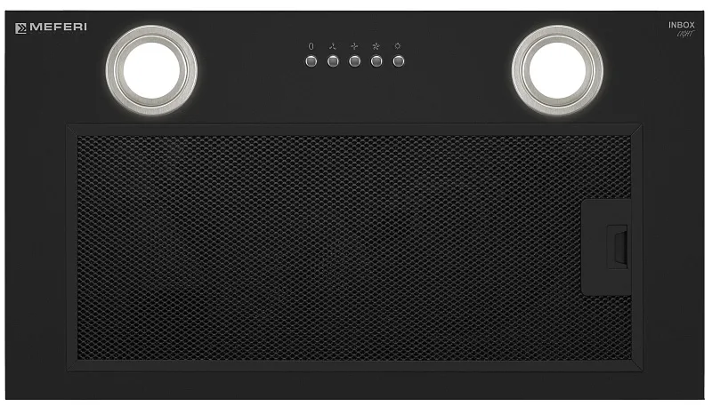 Вытяжка кухонная MEFERI INBOX52BK LIGHT, 52 см, встраиваемая, черная, производительность 650 м3/ч, 3 скорости, низкий уровень шума, режимы отвод и рециркуляция, гарантия 3 года