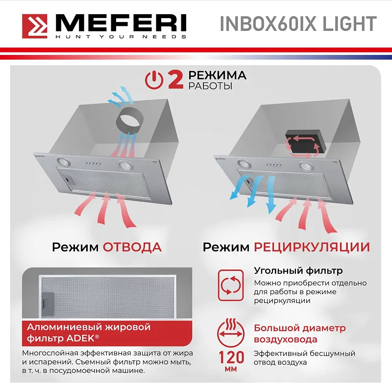 Вытяжка кухонная MEFERI INBOX60IX LIGHT, 60 см, встраиваемая, серая, производительность 650 м3/ч, 3 скорости, низкий уровень шума, режимы отвод и рециркуляция, гарантия 3 года