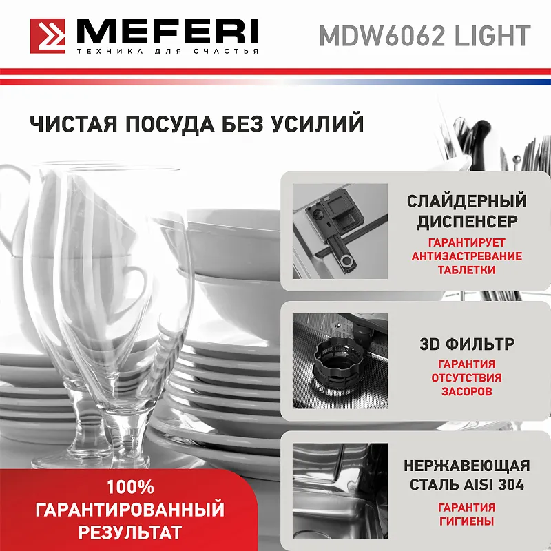 Посудомоечная машина встраиваемая MEFERI MDW6062 LIGHT(модификация 2025 года), 60 см, напольная, 12 комплектов посуды, 6 программ, 2 корзины, половинная загрузка, отсрочка, таймер, защита от протечек