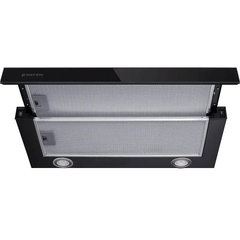 Вытяжка телескопическая кухонная MEFERI SLIDEBOX60BK GLASS ULTRA, 60 см, черная, стекло, производительность 850 м3/ч, 2 скорости, низкий уровень шума, режимы отвод и рециркуляция, гарантия 3 года