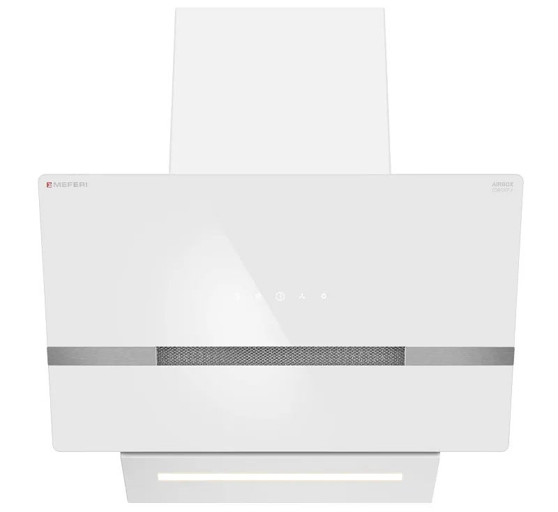 Вытяжка кухонная MEFERI AIRBOX60WH COMFORT PLUS, 60 см, наклонная, белая, стекло, производительность 1200 м3/ч, 3 скорости, низкий уровень шума, режимы отвод и рециркуляция, гарантия 3 года