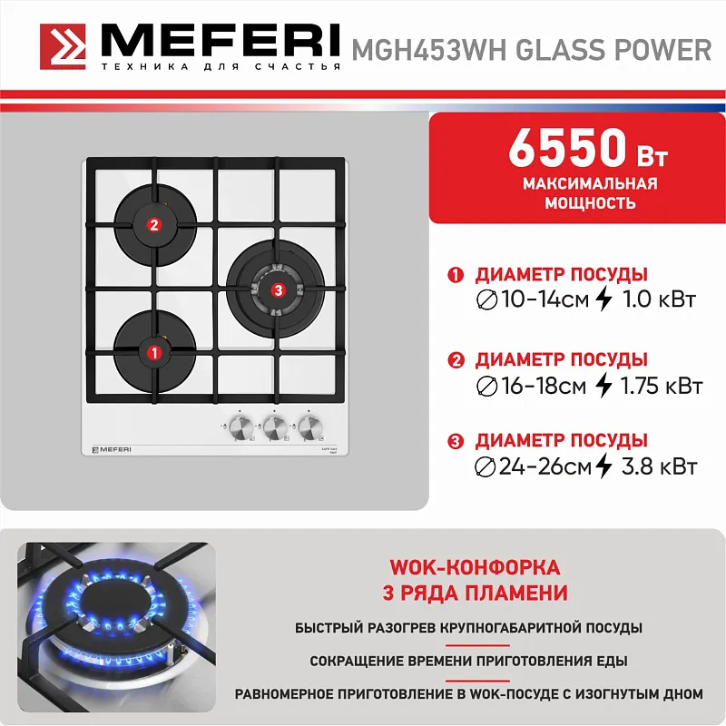 Варочная панель газовая MEFERI MGH453WH GLASS POWER