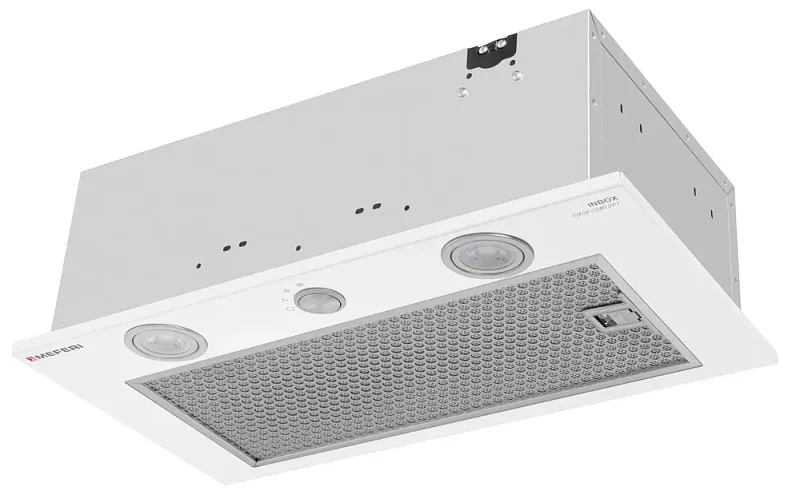 Фото vytyazhka_polnovstraivaemaya_inbox52wh_push_comfort на сайте meferi-home.ru Вытяжка кухонная MEFERI INBOX52WH PUSH COMFORT, 52 см, встраиваемая, белая, производительность 950 м3/ч, 3 скорости, с утапливаемым переключателем, низкий уровень шума, режимы отвод и рециркуляция, гарантия 3 года - изображение vytyazhka_polnovstraivaemaya_inbox52wh_push_comfort