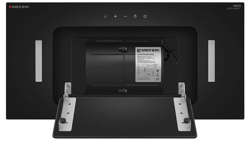 Вытяжка кухонная MEFERI INBOX60BK GLASS COMFORT, 60 см, встраиваемая, черная, стекло, производительность 950 м3/ч, 3 скорости, низкий уровень шума, режимы отвод и рециркуляция, пульт дистанционного управления, гарантия 3 года