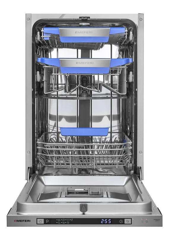 Посудомоечная машина узкая встраиваемая MEFERI MDW4573 COMFORT, 45 см, 10 комплектов посуды, с автооткрыванием, с аквастопом, луч на полу, внутренняя подсветка,отсрочка, таймер