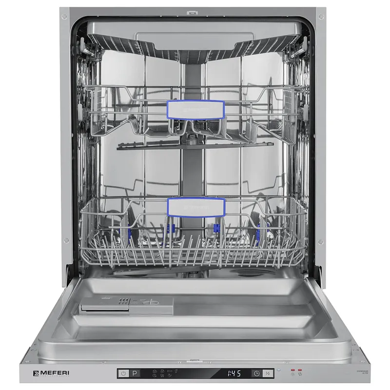 Посудомоечная машина встраиваемая MEFERI MDW6073 ULTRA, 60 см, напольная, 14 комплектов посуды, 7 программ, 3 корзины, луч на полу, внутренняя подсветка, половинная загрузка