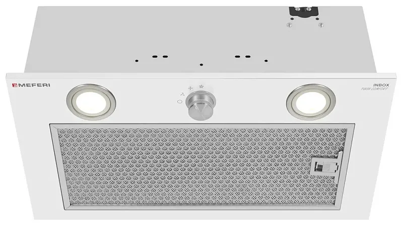 Вытяжка кухонная MEFERI INBOX52WH PUSH COMFORT, 52 см, встраиваемая, белая, производительность 950 м3/ч, 3 скорости, с утапливаемым переключателем, низкий уровень шума, режимы отвод и рециркуляция, гарантия 3 года