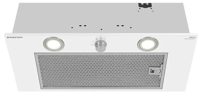 Вытяжка кухонная MEFERI INBOX60WH PUSH COMFORT, 60 см, встраиваемая, белая, производительность 950 м3/ч, 3 скорости, с утапливаемым переключателем, низкий уровень шума, режимы отвод и рециркуляция, гарантия 3 года