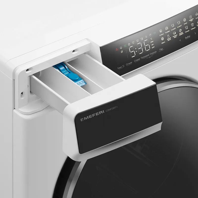Стиральная машина с инвертором и паром MEFERI MFW121416WH COMFORT PLUS отдельностоящая белая, загрузка 12 кг, с сенсорным управлением