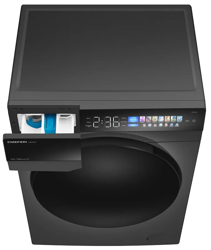 Стиральная машина с инвертором и паром MEFERI MFW101216GR COMFORT отдельностоящая серая, загрузка 10 кг, с возможностью установки в колонну, с сенсорным управлением
