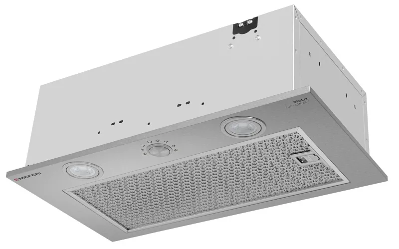 Фото vytyazhka_polnovstraivaemaya_inbox52ix_push_comfort на сайте meferi-home.ru Вытяжка кухонная MEFERI INBOX52IX PUSH COMFORT, 52 см, встраиваемая, серая, производительность 950 м3/ч, 3 скорости, с утапливаемым переключателем, низкий уровень шума, режимы отвод и рециркуляция, гарантия 3 года - изображение vytyazhka_polnovstraivaemaya_inbox52ix_push_comfort