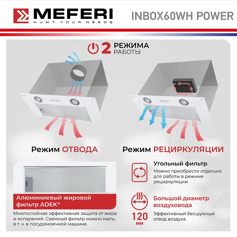 Вытяжка кухонная MEFERI INBOX60WH POWER, 60 см, встраиваемая, белая, производительность 900 м3/ч, 3 скорости, низкий уровень шума, режимы отвод и рециркуляция, гарантия 3 года