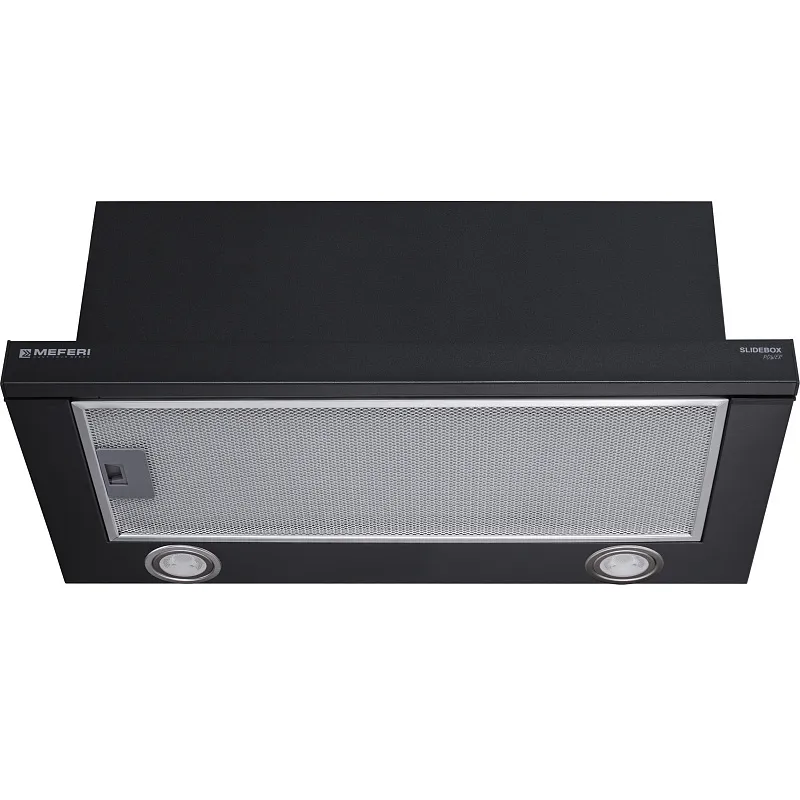 Вытяжка телескопическая кухонная MEFERI SLIDEBOX60BK POWER, 60 см, черная, производительность 850 м3/ч, 2 скорости, низкий уровень шума, режимы отвод и рециркуляция, гарантия 3 года