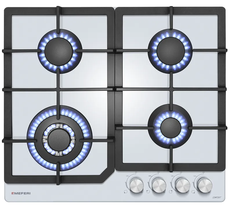 Фото varochnaya_panel_gazovaya_mgh604wh_glass_comfort на сайте meferi-home.ru Варочная панель газовая MEFERI MGH604WH GLASS COMFORT - изображение varochnaya_panel_gazovaya_mgh604wh_glass_comfort