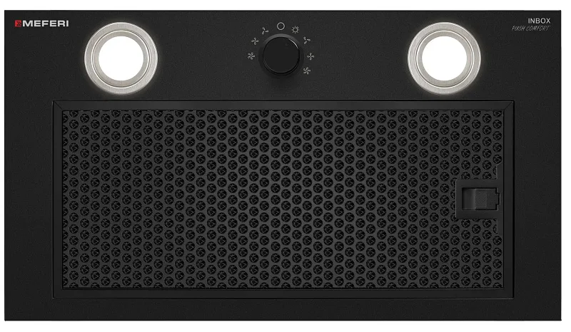Вытяжка кухонная MEFERI INBOX52BK PUSH COMFORT, 52 см, встраиваемая, черная, производительность 950 м3/ч, 3 скорости, с утапливаемым переключателем, низкий уровень шума, режимы отвод и рециркуляция, гарантия 3 года