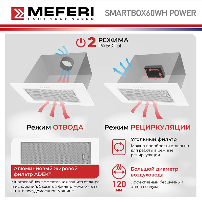 Вытяжка кухонная MEFERI SMARTBOX60WH POWER, 60 см, встраиваемая, белая, производительность 900 м3/ч, 3 скорости, низкий уровень шума, режимы отвод и рециркуляция, гарантия 3 года