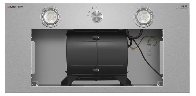 Вытяжка кухонная MEFERI INBOX60IX PUSH COMFORT, 60 см, встраиваемая, серая, производительность 950 м3/ч, 3 скорости, с утапливаемым переключателем, низкий уровень шума, режимы отвод и рециркуляция, гарантия 3 года