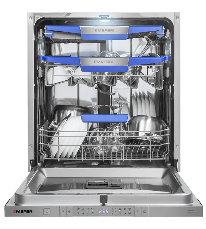 Посудомоечная машина встраиваемая с инвертором MEFERI MDW6083 COMFORT PLUS, 60 см, 14 комплектов посуды, с автооткрыванием, с аквастопом,  луч на полу, внутренняя подсветка, половинная загрузка, отсрочка - изображение posudomoechnaya_mashina_vstraivaemaya_s_invertorom_mdw6083_comfort_plus  