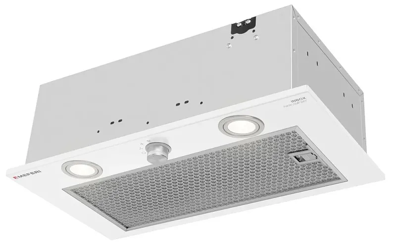 Вытяжка кухонная MEFERI INBOX52WH PUSH COMFORT, 52 см, встраиваемая, белая, производительность 950 м3/ч, 3 скорости, с утапливаемым переключателем, низкий уровень шума, режимы отвод и рециркуляция, гарантия 3 года