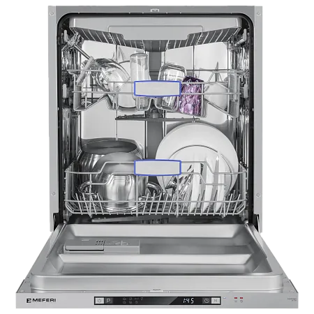 Посудомоечная машина встраиваемая MEFERI MDW6073 ULTRA, 60 см, напольная, 14 комплектов посуды, 7 программ, 3 корзины, луч на полу, внутренняя подсветка, половинная загрузка