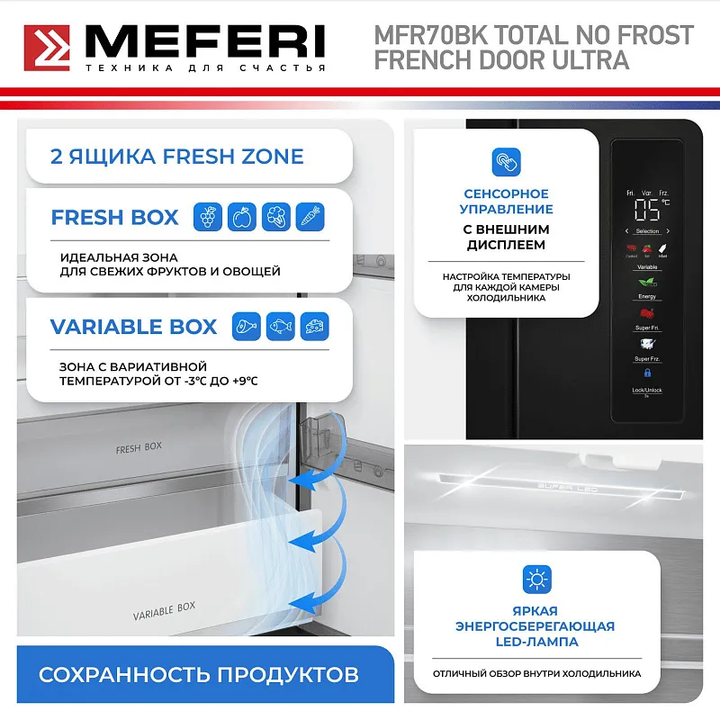 Холодильник отдельностоящий с инвертором MEFERI MFR70BK TOTAL NO FROST FRENCH DOOR ULTRA
