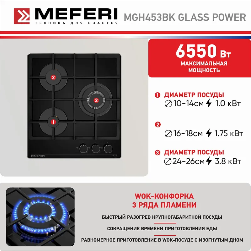 Варочная панель газовая MEFERI MGH453BK GLASS POWER