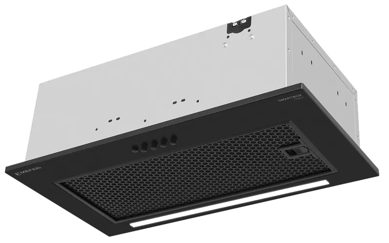Фото vytyazhka_polnovstraivaemaya_smartbox52bk_power на сайте meferi-home.ru Вытяжка кухонная MEFERI SMARTBOX52BK POWER, 52 см, встраиваемая, черная, производительность 900 м3/ч, 3 скорости, низкий уровень шума, режимы отвод и рециркуляция, гарантия 3 года - изображение vytyazhka_polnovstraivaemaya_smartbox52bk_power