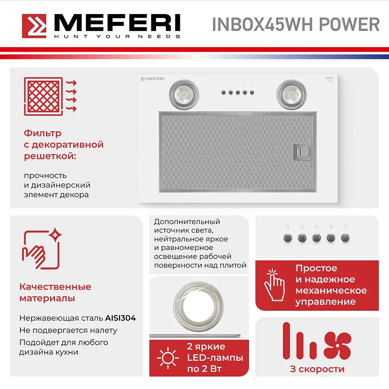 Вытяжка кухонная MEFERI INBOX45WH POWER, 45 см, встраиваемая, белая, производительность 900 м3/ч, 3 скорости, низкий уровень шума, режимы отвод и рециркуляция, гарантия 3 года