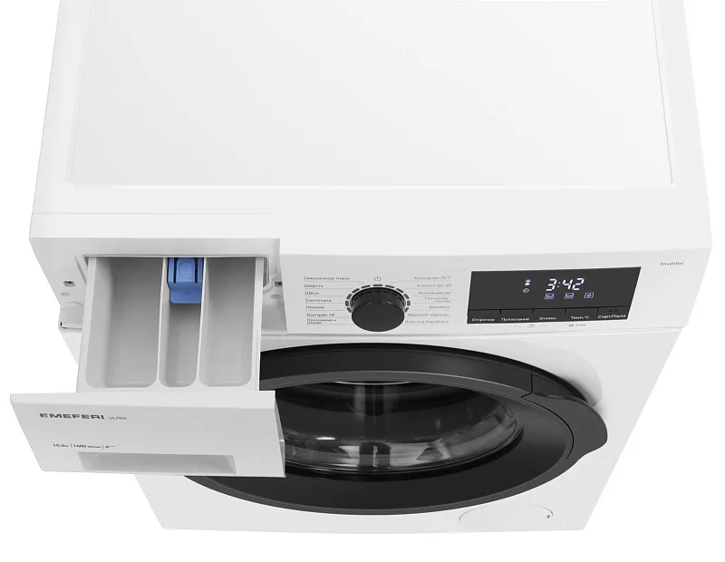 Стиральная машина с инвертором MEFERI MFW101415WH ULTRA отдельностоящая белая, загрузка 10 кг, с возможностью установки в колонну