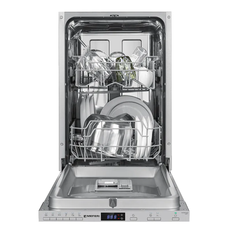 Посудомоечная машина узкая встраиваемая MEFERI MDW4562 LIGHT, 45 см, 9 комплектов посуды, 6 программ, 2 корзины, половинная загрузка, отсрочка, таймер, защита от протечек - изображение posudomoechnaya_mashina_vstraivaemaya_mdw4562_light  