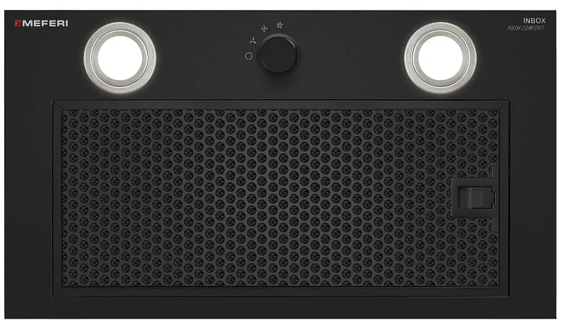 Вытяжка кухонная MEFERI INBOX52BK PUSH COMFORT, 52 см, встраиваемая, черная, производительность 950 м3/ч, 3 скорости, с утапливаемым переключателем, низкий уровень шума, режимы отвод и рециркуляция, гарантия 3 года