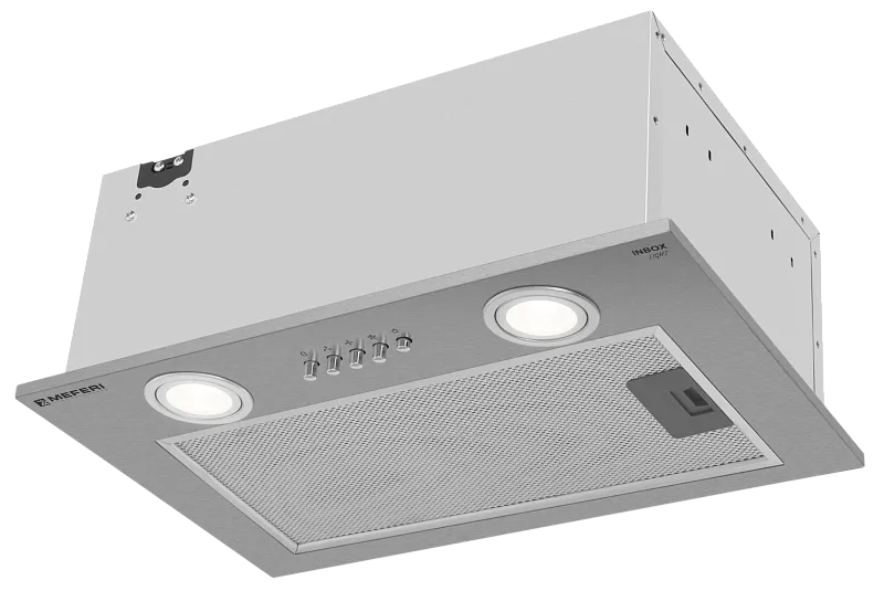 Фото vytyazhka_polnovstraivaemaya_inbox45ix_light на сайте meferi-home.ru Вытяжка кухонная MEFERI INBOX45IX LIGHT, 45 см, встраиваемая, серая, производительность 650 м3/ч, 3 скорости, низкий уровень шума, режимы отвод и рециркуляция, гарантия 3 года - изображение vytyazhka_polnovstraivaemaya_inbox45ix_light