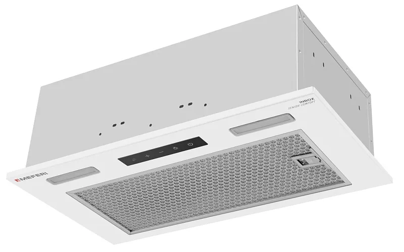 Вытяжка кухонная MEFERI INBOX52WH SENSOR COMFORT, 52 см, встраиваемая, белая, производительность 950 м3/ч, 3 скорости, низкий уровень шума, режимы отвод и рециркуляция, сенсорное управление, пульт дистационного управления, гарантия 3 года