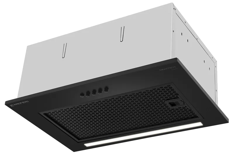 Фото vytyazhka_polnovstraivaemaya_smartbox45bk_power на сайте meferi-home.ru Вытяжка кухонная MEFERI SMARTBOX45BK POWER, 45 см, встраиваемая, черная, производительность 900 м3/ч, 3 скорости, низкий уровень шума, режимы отвод и рециркуляция, гарантия 3 года - изображение vytyazhka_polnovstraivaemaya_smartbox45bk_power