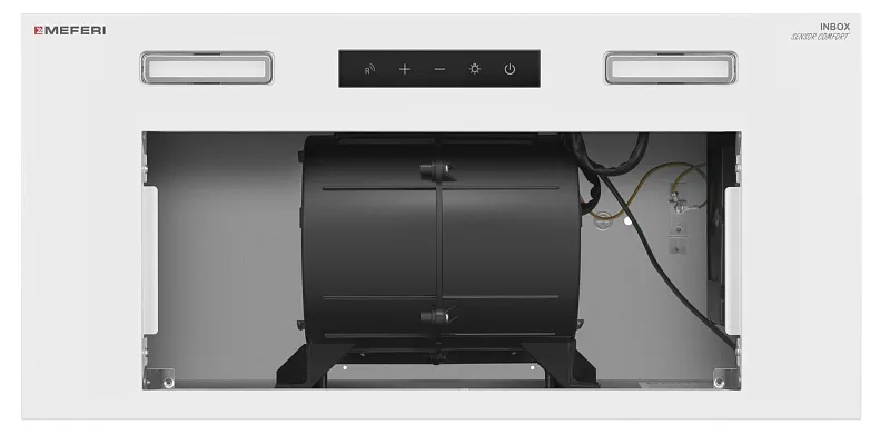 Вытяжка кухонная MEFERI INBOX60WH SENSOR COMFORT, 60 см, встраиваемая, белая, производительность 950 м3/ч, 3 скорости, низкий уровень шума, режимы отвод и рециркуляция, сенсорное управление, пульт дистанционного управления, гарантия 3 года