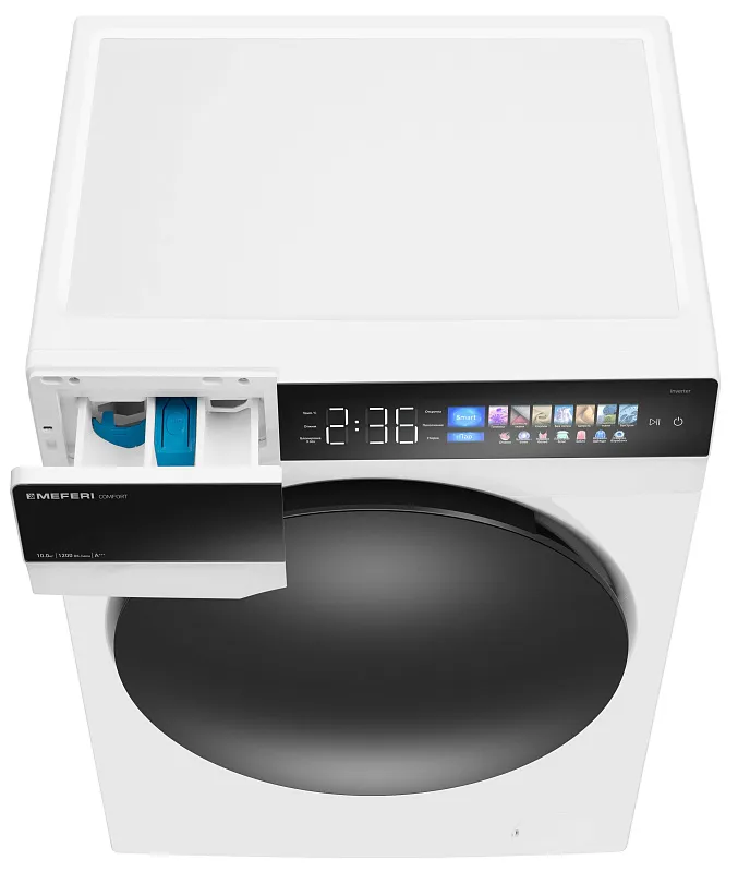 Стиральная машина с инвертором и паром MEFERI MFW101216WH COMFORT отдельностоящая белая, загрузка 10 кг, с возможностью установки в колонну, с сенсорным управлением