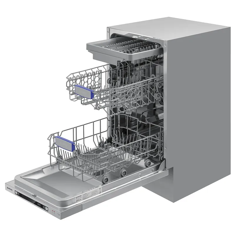 Посудомоечная машина узкая встраиваемая MEFERI MDW4573 ULTRA, 45 см, 10 комплектов посуды, 7 программ, 3 корзины, защита от протечек, луч на полу, внутренняя подсветка, половинная загрузка, отсрочка, таймер