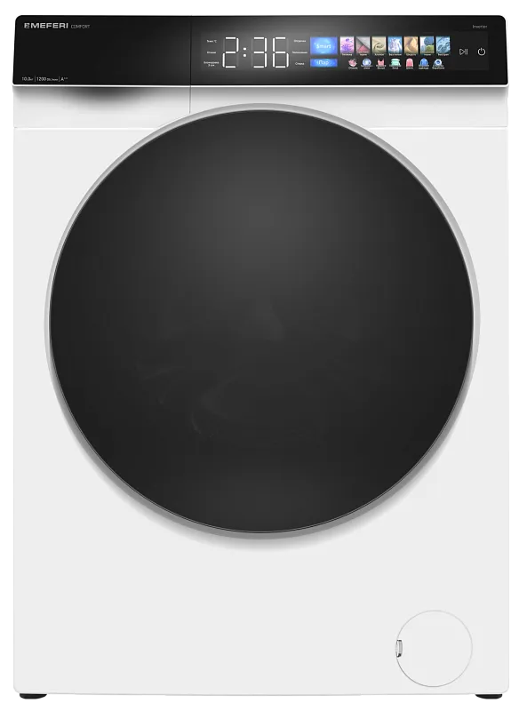 Стиральная машина с инвертором и паром MEFERI MFW101216WH COMFORT отдельностоящая белая, загрузка 10 кг, с возможностью установки в колонну, с сенсорным управлением - изображение stiralnaya_mashina_s_invertorom_i_parom_otdelnostoyashchaya_mfw101216wh_comfort  