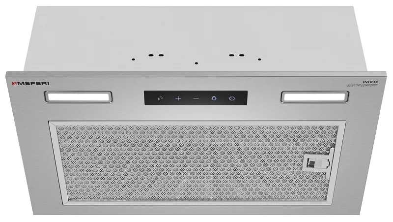 Вытяжка кухонная MEFERI INBOX52IX SENSOR COMFORT, 52 см, встраиваемая, серая, производительность 950 м3/ч, 3 скорости, низкий уровень шума, режимы отвод и рециркуляция, сенсорное управление, пульт дистанционного управления, гарантия 3 года