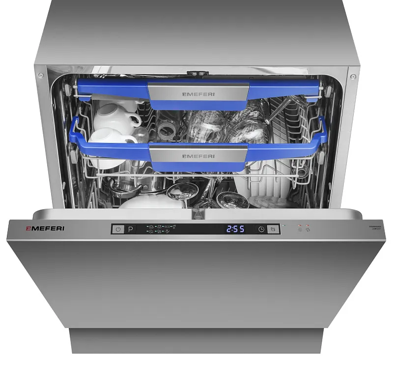 Посудомоечная машина встраиваемая MEFERI MDW6073 COMFORT, 60 см, напольная, 14 комплектов посуды, 7 программ, 3 корзины, автооткрывание, аквастоп, луч на полу, внутренняя подсветка